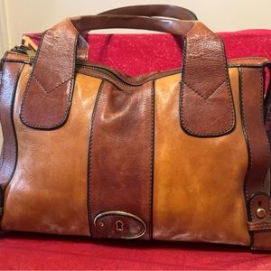 FOSSIL Vintage Reissue Two Tone Brown Leather Satchel Shoulder Bag Tote